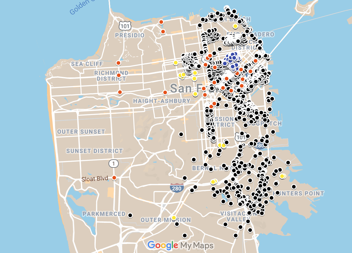 A map of San Francisco with dots indicating the location of cameras.