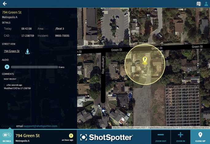 A yellow circle around a house on a satellite image representing a Shotspotter activation